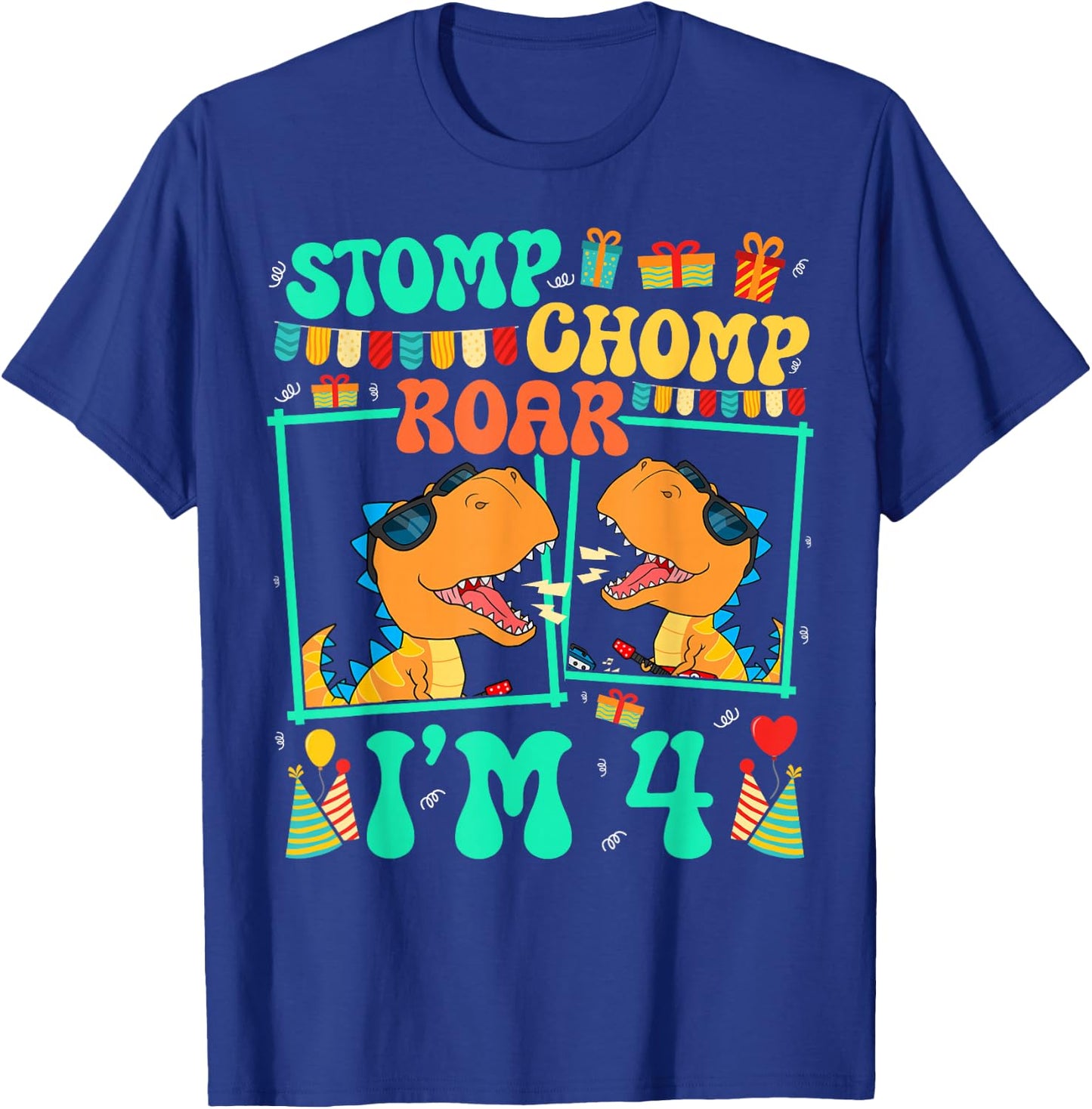Stomp Chomp Roar I'm 4 Guitar Dinosaur Kid 4th Birthday T-Shirt - T-Shirt | Royal