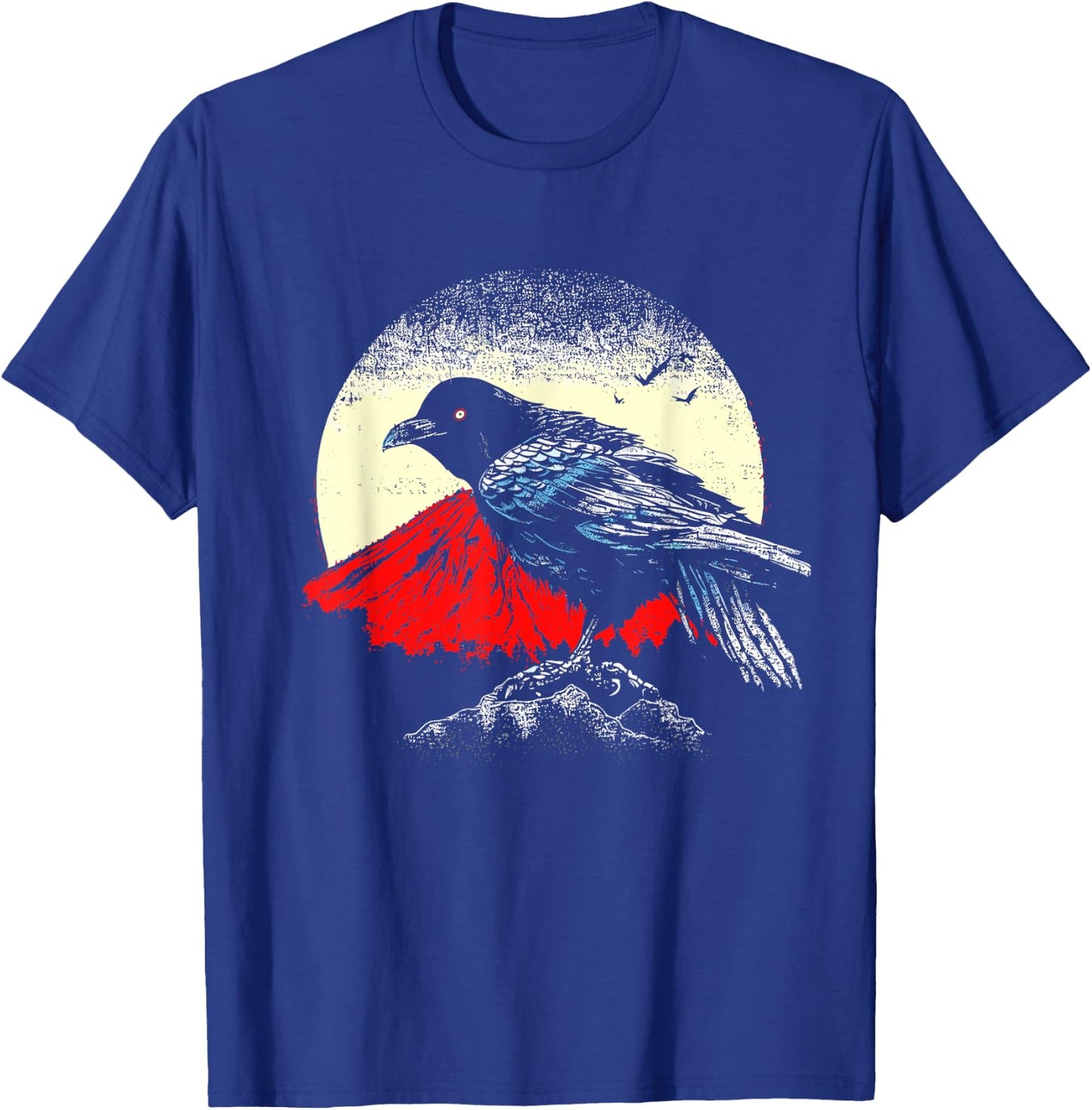 Japanese Art Black Crow Raven Red Moon - Retro Bird T-Shirt - T-Shirt | Royal