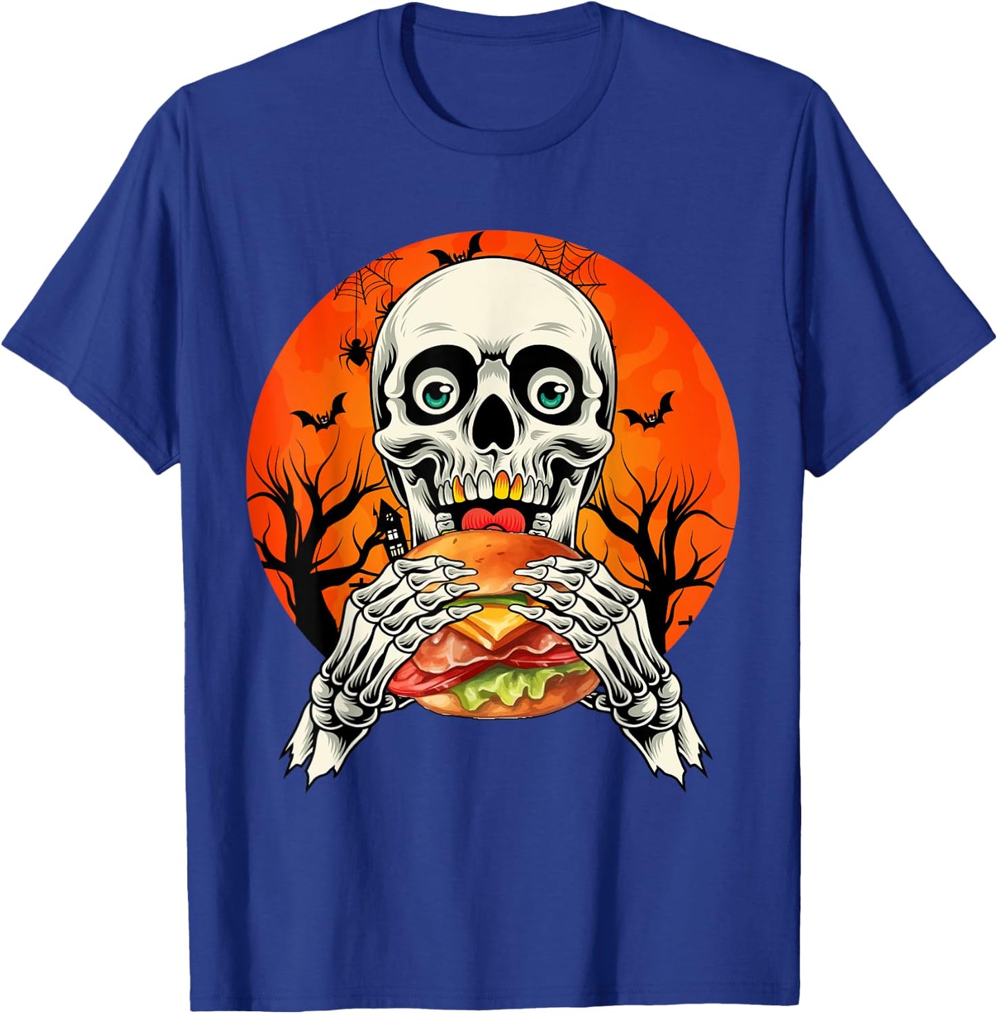 Horror Skeleton Eating Hamburger Halloween Costume Foodies T-Shirt - T-Shirt | Royal