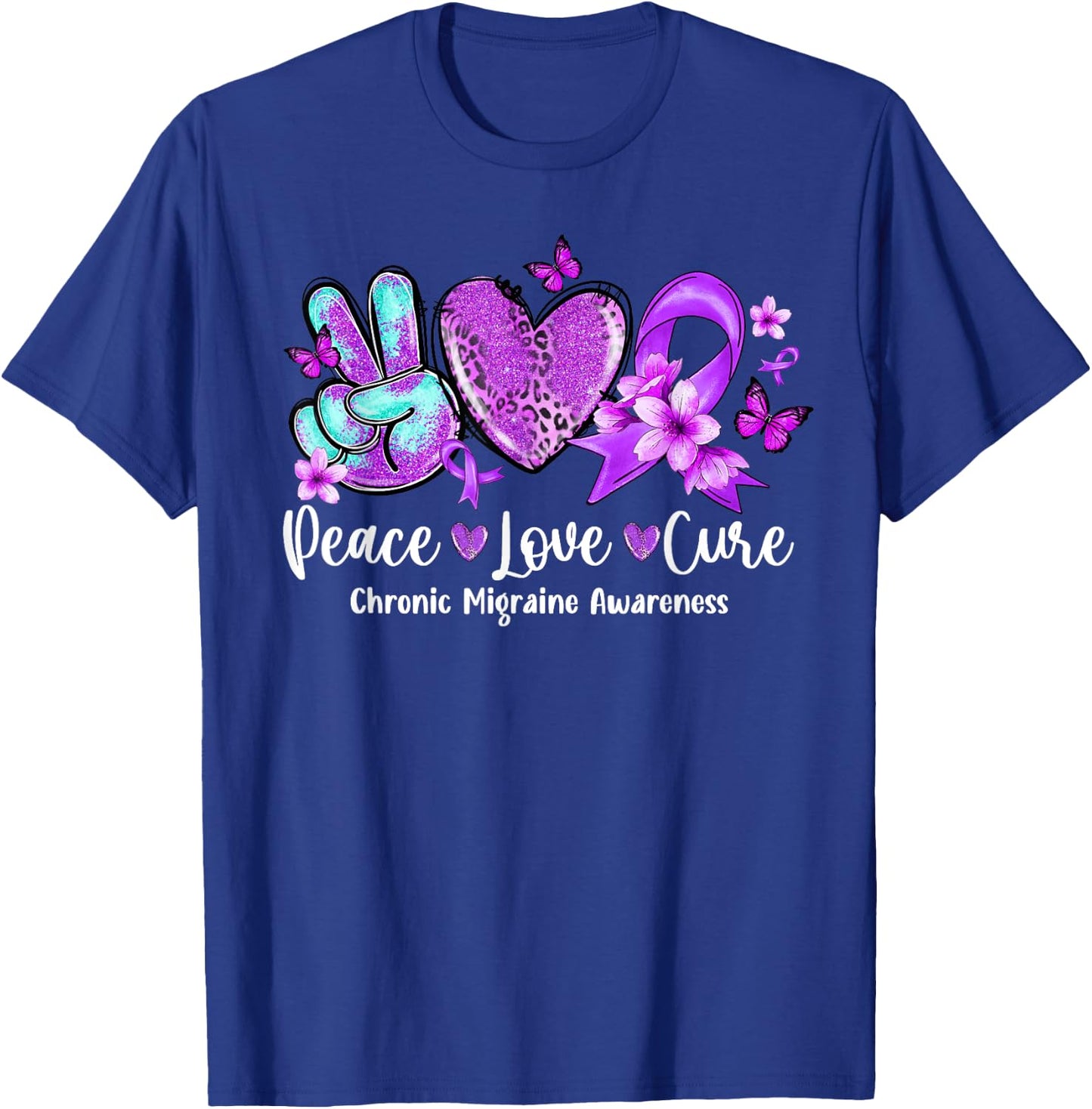 Peace Love Cure Purple Ribbon Chronic Migraine Awareness T-Shirt - T-Shirt | Royal