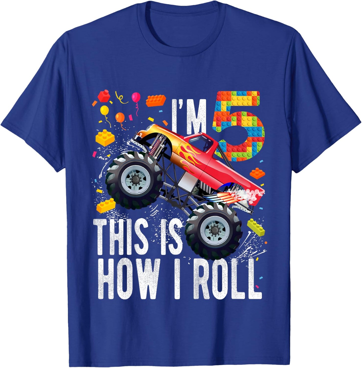 Kids 5 Year Old Building Blocks Monster Truck 5th Birthday Boy T-Shirt - T-Shirt | Royal
