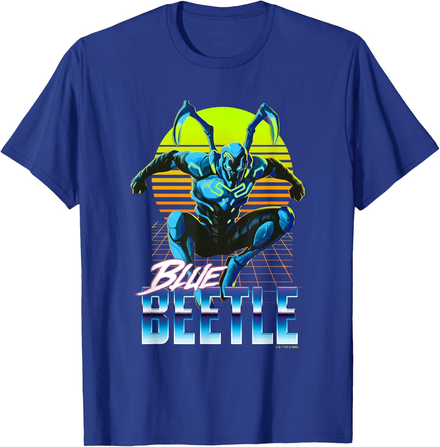 Blue Beetle Jumping Into Action Neon Gridline Background T-Shirt - T-Shirt | Royal
