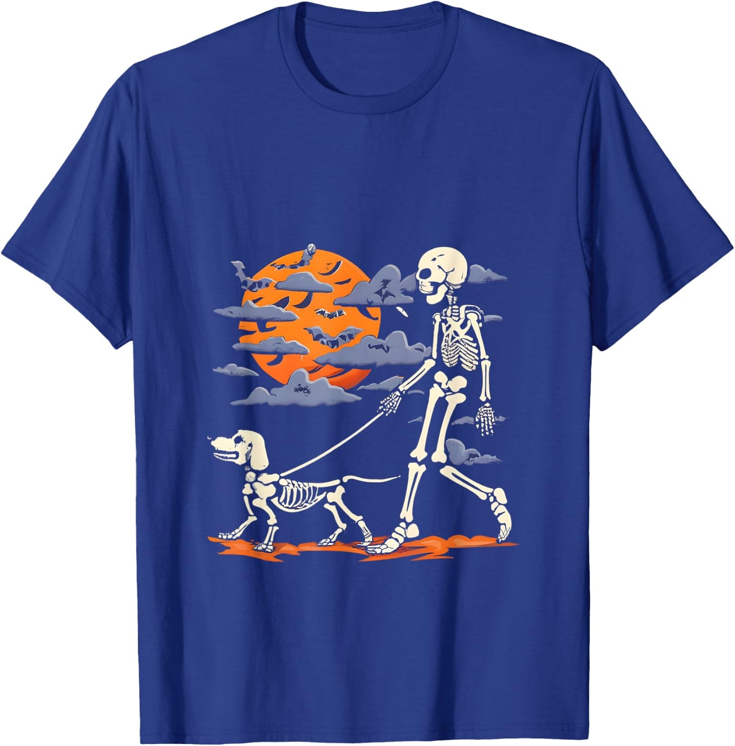 Skeleton man Skeleton Dog Walking Halloween Costume moon T-Shirt - T-Shirt | Royal