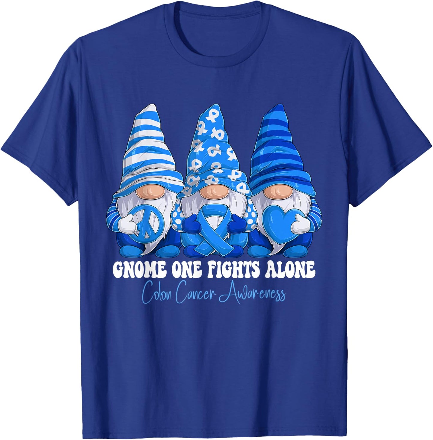 Colon Cancer Awareness Month Blue Ribbon Gnomies Support T-Shirt - T-Shirt | Royal