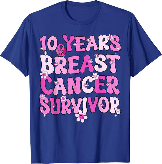 10 Years Breast Cancer Survivor Breast Cancer Awareness T-Shirt - T-Shirt | Royal