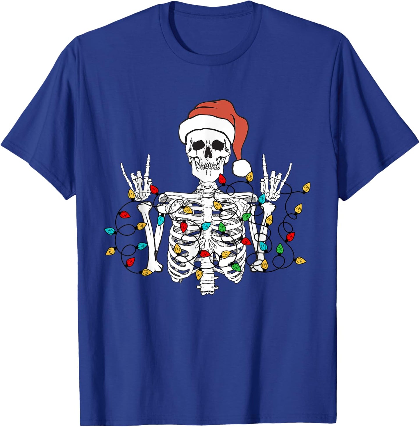 Christmas Skeleton Rocker Wrapped in Xmas Lights Santa Hat T-Shirt - T-Shirt | Royal