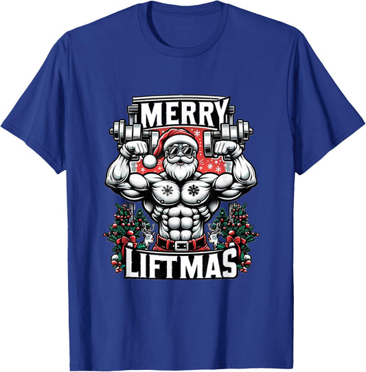 Merry Liftmas Christmas Fitness Madness Gym Santa BB Posing T-Shirt - T-Shirt | Royal