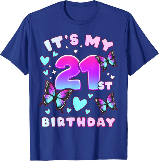 21st Birthday, Girl 21 Years, Butterflies and Number 21 T-Shirt - T-Shirt | Royal