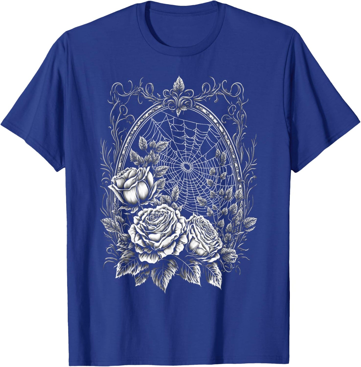 Spider Web With Frame And Roses Halloween Goth Nature Witch T-Shirt - T-Shirt | Royal
