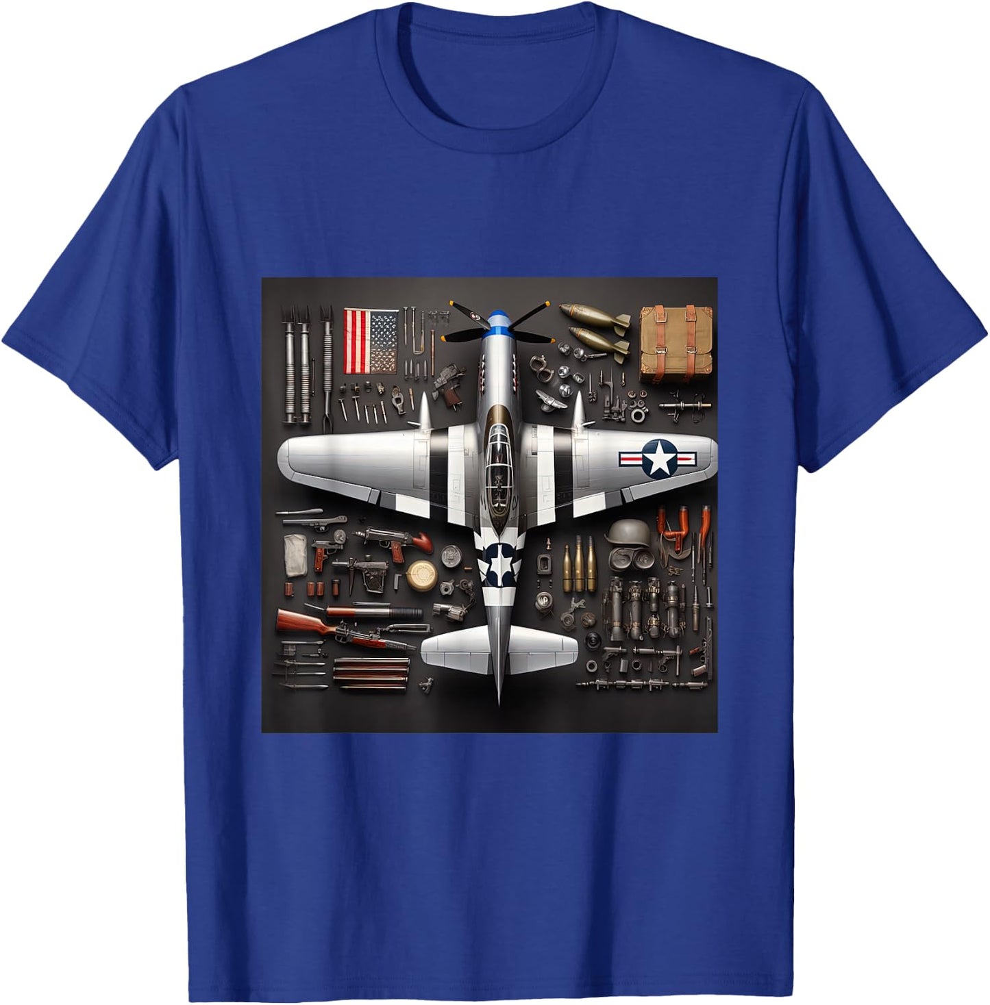 WW2 Warplane P51 Mustang Assembly Parts Blueprint T-Shirt - T-Shirt | Royal