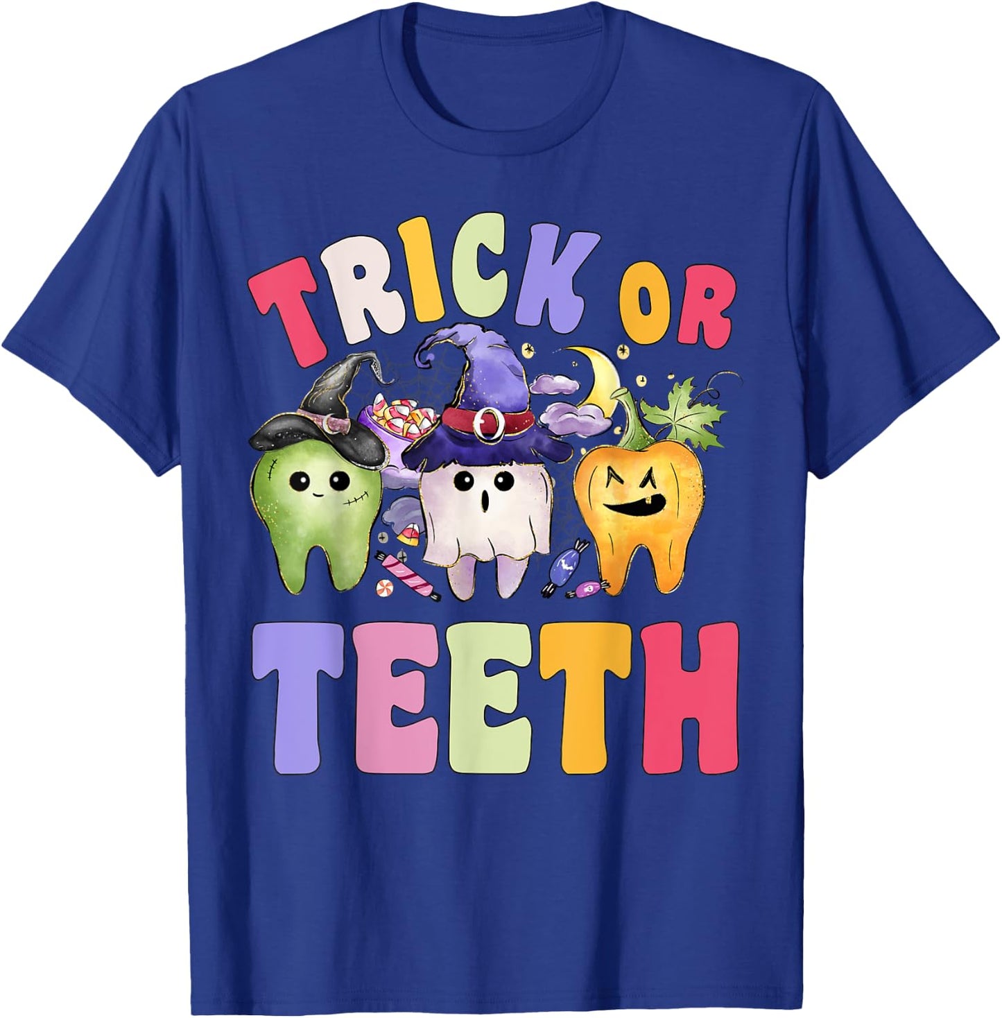 Funny Trick Or Teeth Dental Halloween Dentist T-Shirt - T-Shirt | Royal