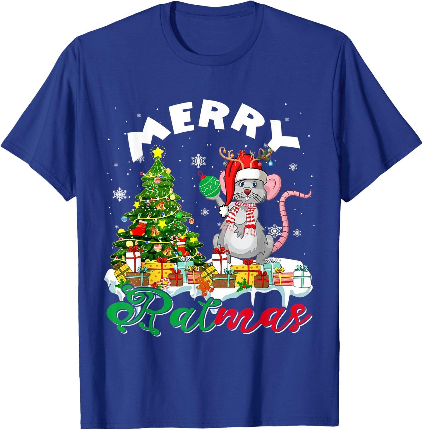 Merry Xmas Santa Reindeer Rat Sitting With Xmas Presents T-Shirt - T-Shirt | Royal