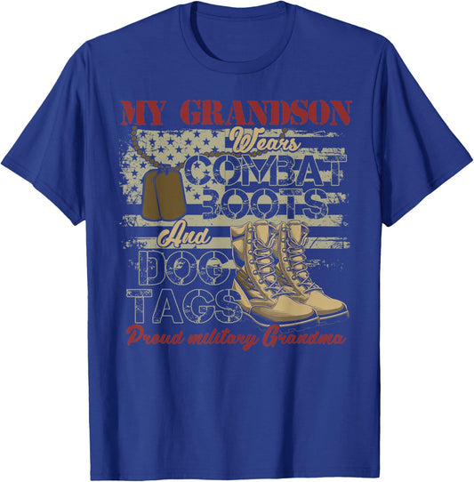 My Grandson Wears Combat Boots and Dog Tags Proud Grandma Men Women T-Shirt - T-Shirt | Royal