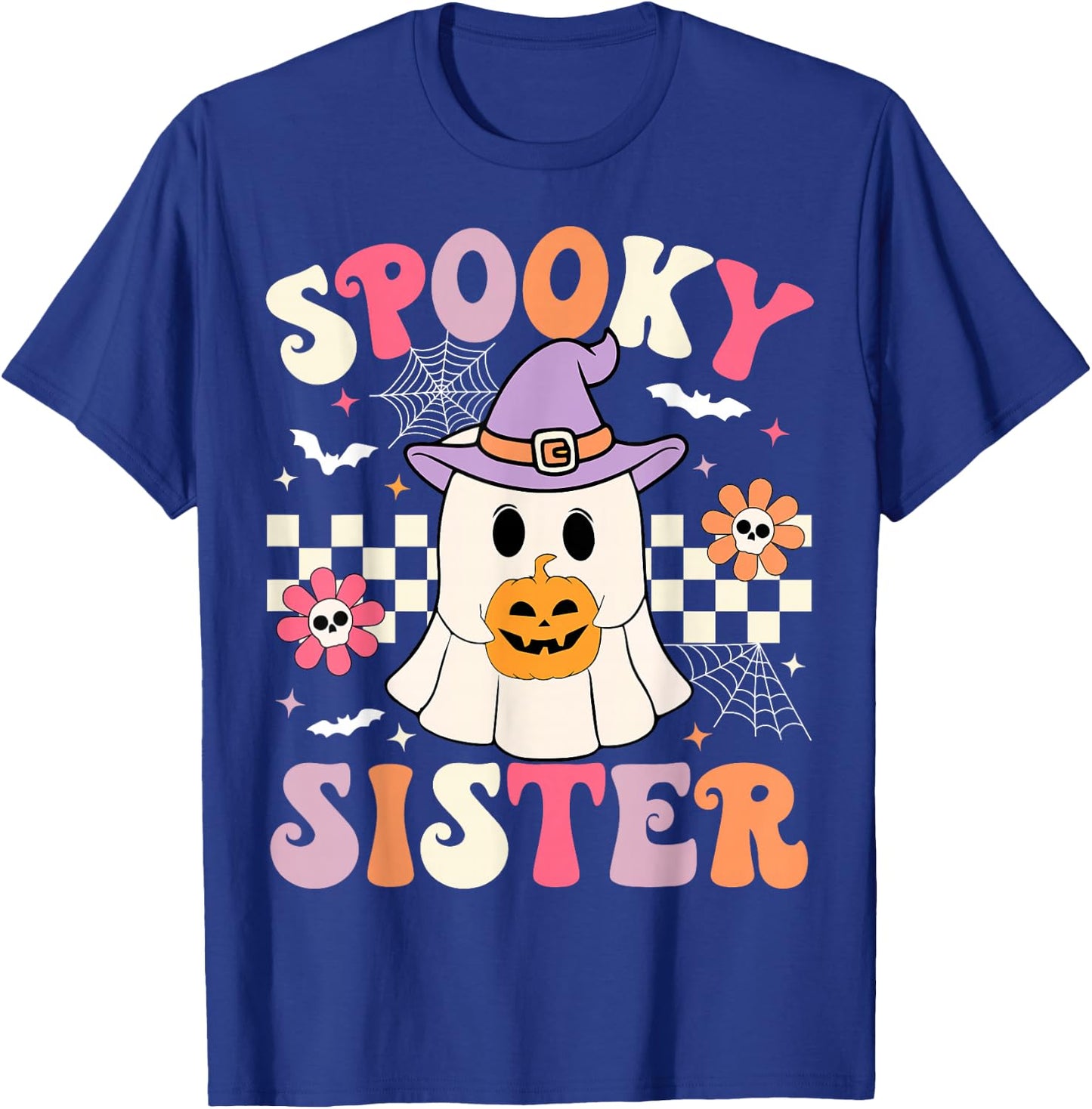 Groovy Spooky Sister Retro Ghost Holding Pumpkin Halloween T-Shirt - T-Shirt | Royal