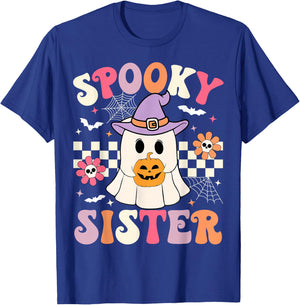 Groovy Spooky Sister Retro Ghost Holding Pumpkin Halloween T-Shirt - T-Shirt | Royal