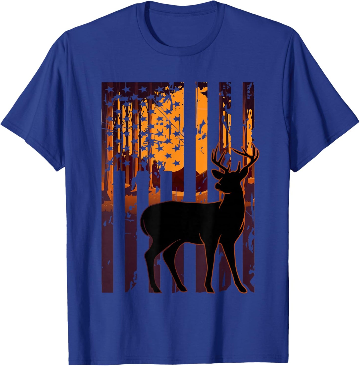 USA Flag Deer Hunting Setting Sun Funny Bow Hunters Outfit T-Shirt - T-Shirt | Royal