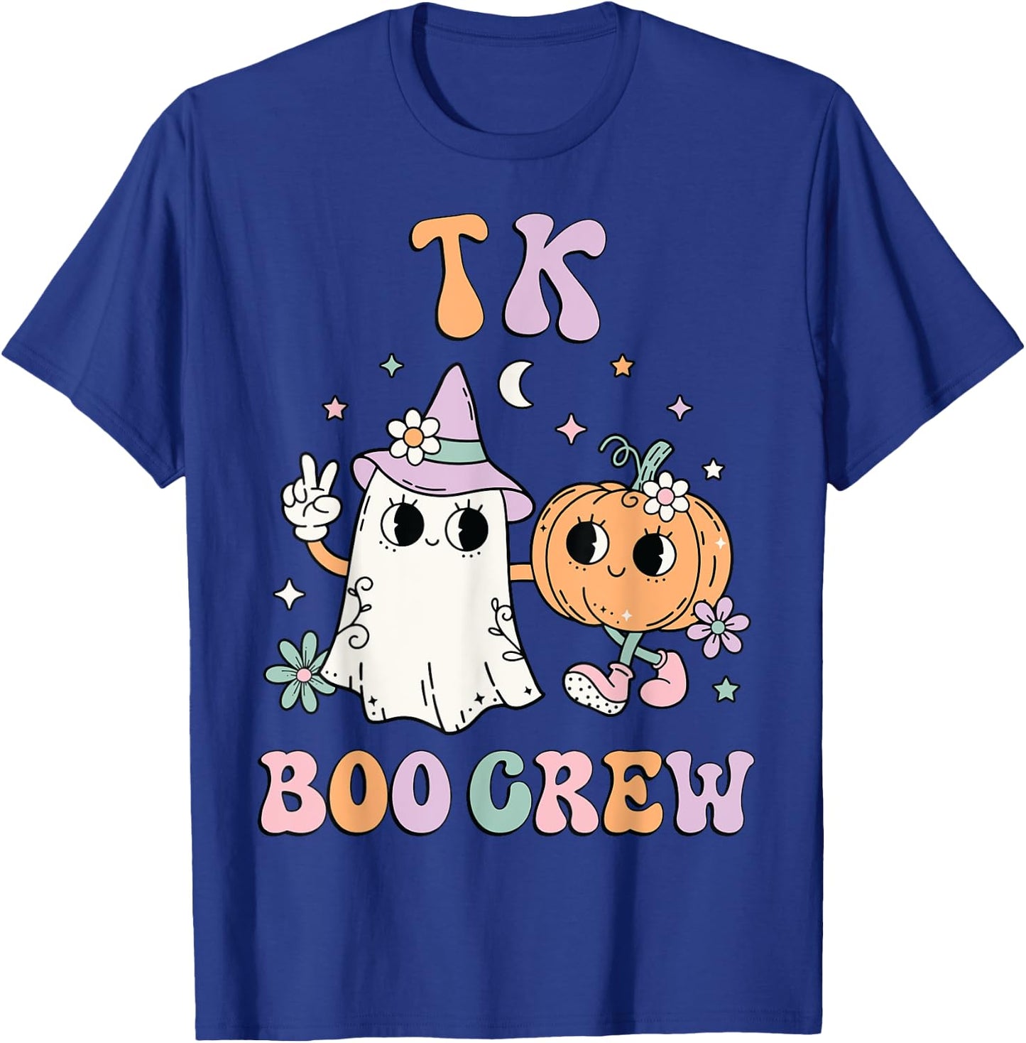 TK Boo Crew Retro Groovy Halloween Floral Ghost TK Teacher Men Women Kids T-Shirt - T-Shirt | Royal