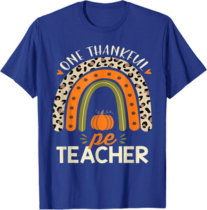 One Thankful Pe Teacher Thanksgiving Women Leopard Rainbow T-Shirt - T-Shirt | Royal