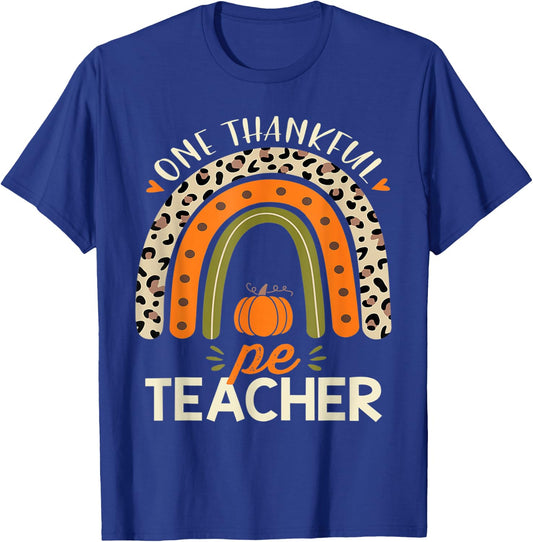 One Thankful Pe Teacher Thanksgiving Women Leopard Rainbow T-Shirt - T-Shirt | Royal