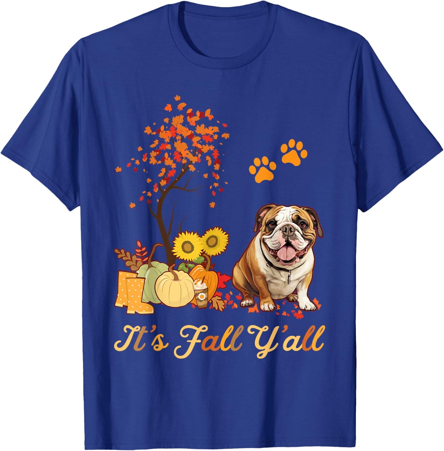 English Bulldog Fall Leaves Autumn Maple Tree Thanksgiving T-Shirt - T-Shirt | Royal