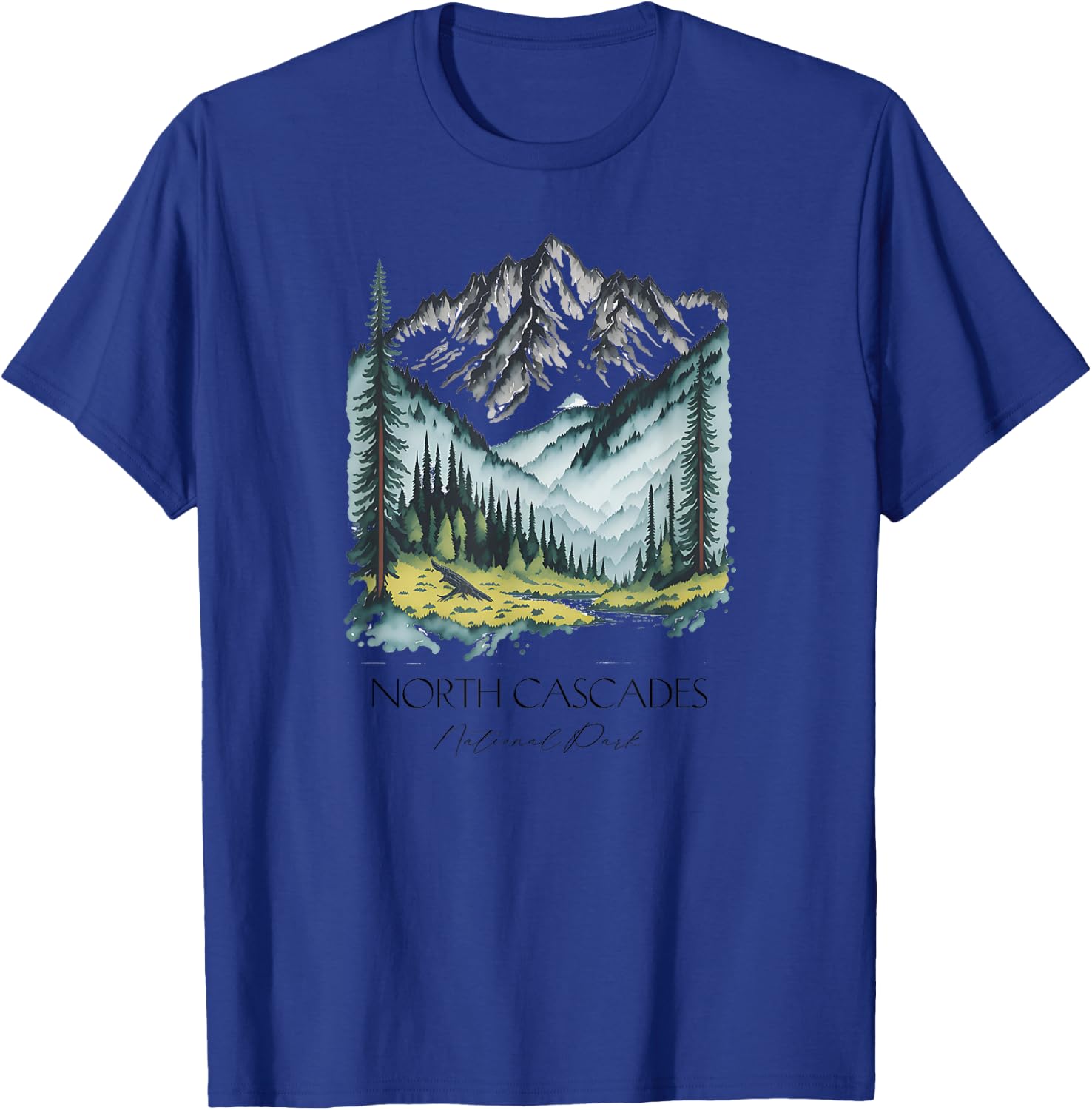 Cool North Cascades National Park Hiking Watercolor Graphic T-Shirt - T-Shirt | Royal