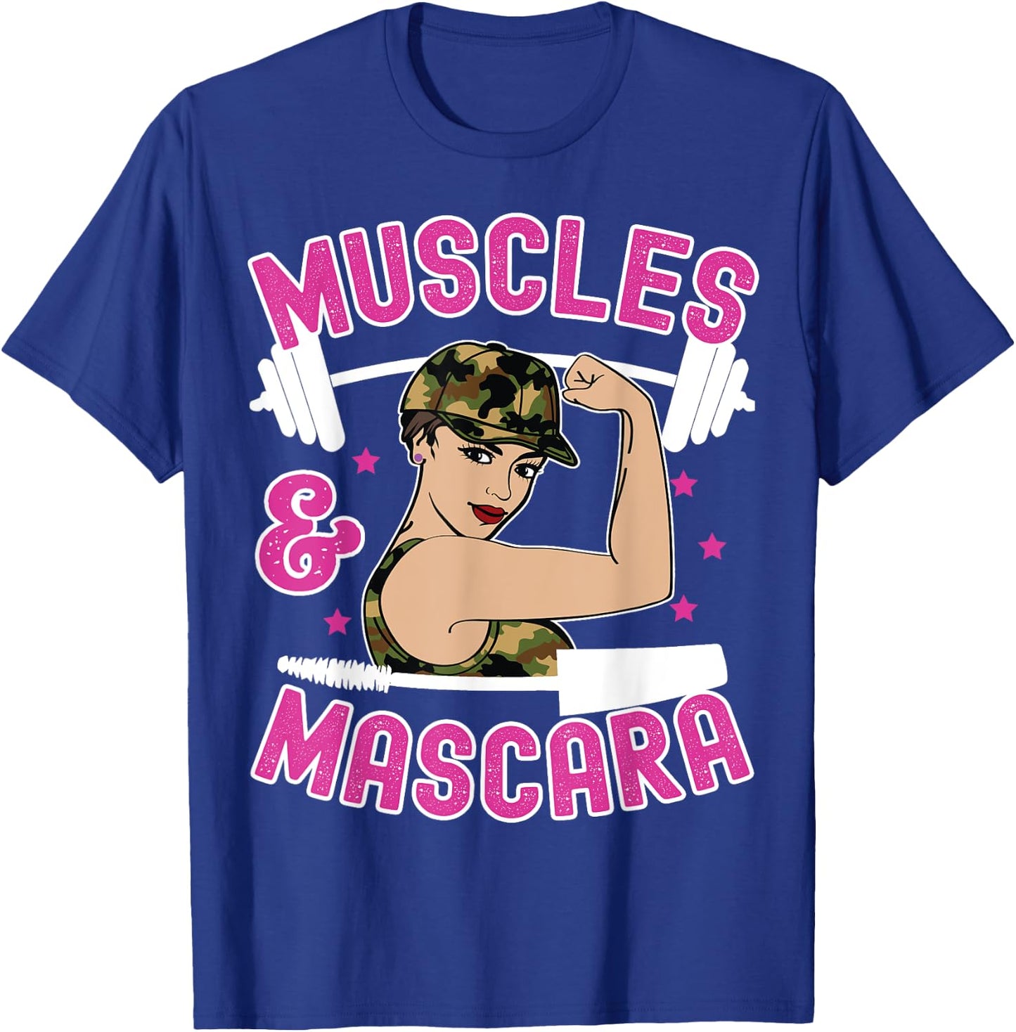 Muscles and Mascara Female Weight Lifter Gym Work Out Funny T-Shirt - T-Shirt | Royal
