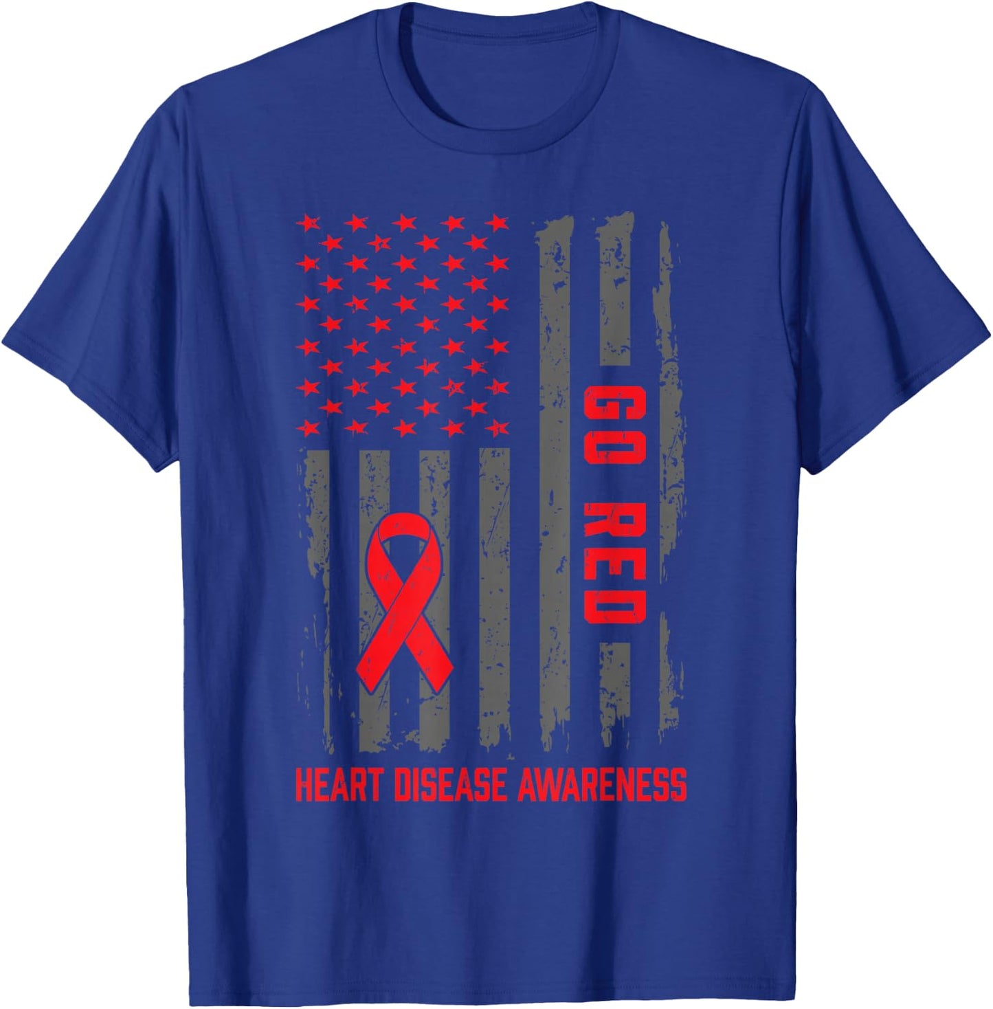 Heart Disease American Flag Go Red Heart Disease Awareness T-Shirt - T-Shirt | Royal