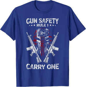 Gun Safety Rule 1 Patriotic 2nd Amendment AR-15 USA Skull T-Shirt - T-Shirt | Royal