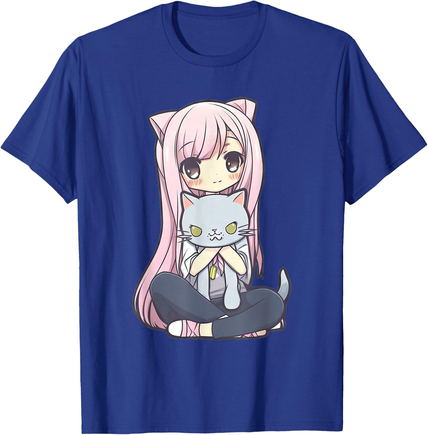 Anime and Cats Kawaii Cute Teen Otaku Girl with Cat T-Shirt - T-Shirt | Royal