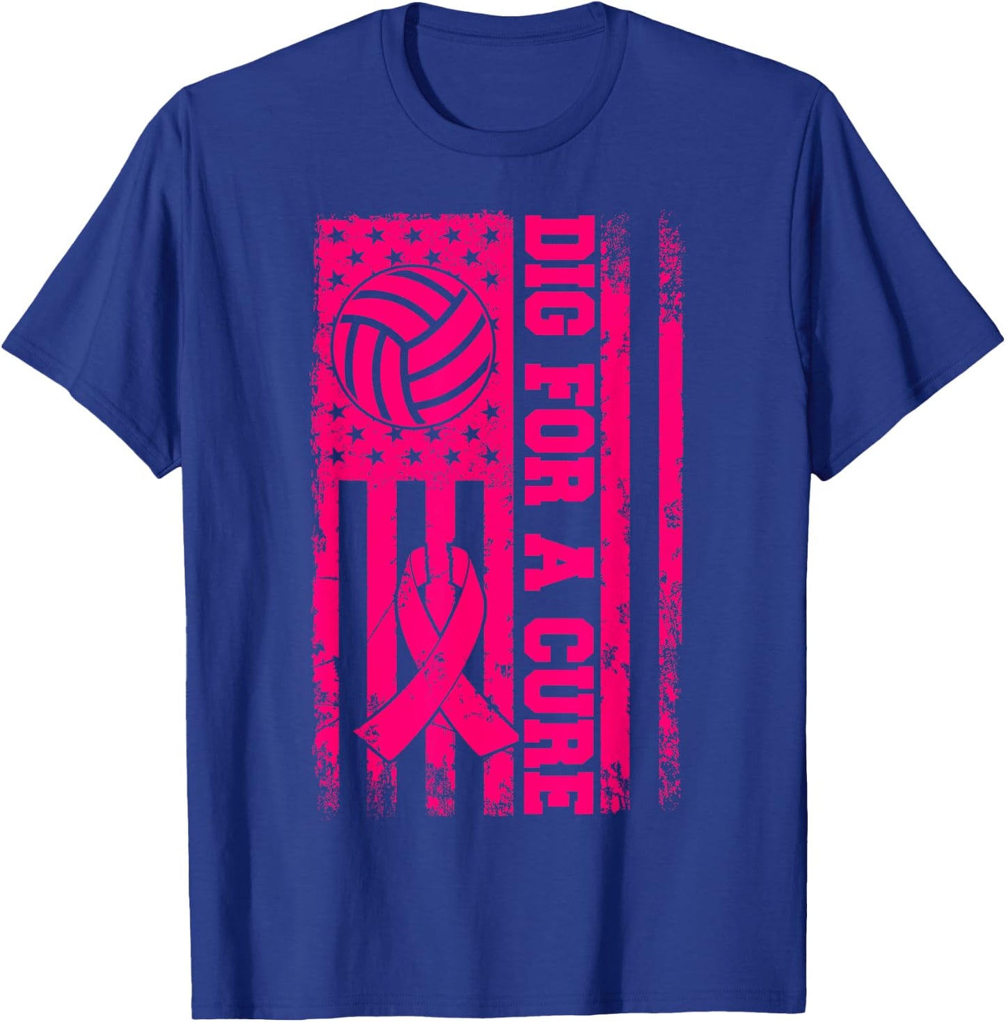 Dig For A Cure Breast Cancer Volleyball Pink American Flag T-Shirt - T-Shirt | Royal