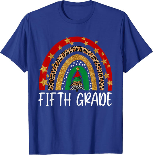 Fifth Grade Teacher Christmas Funny Rainbow Leopard Buffalo T-Shirt - T-Shirt | Royal