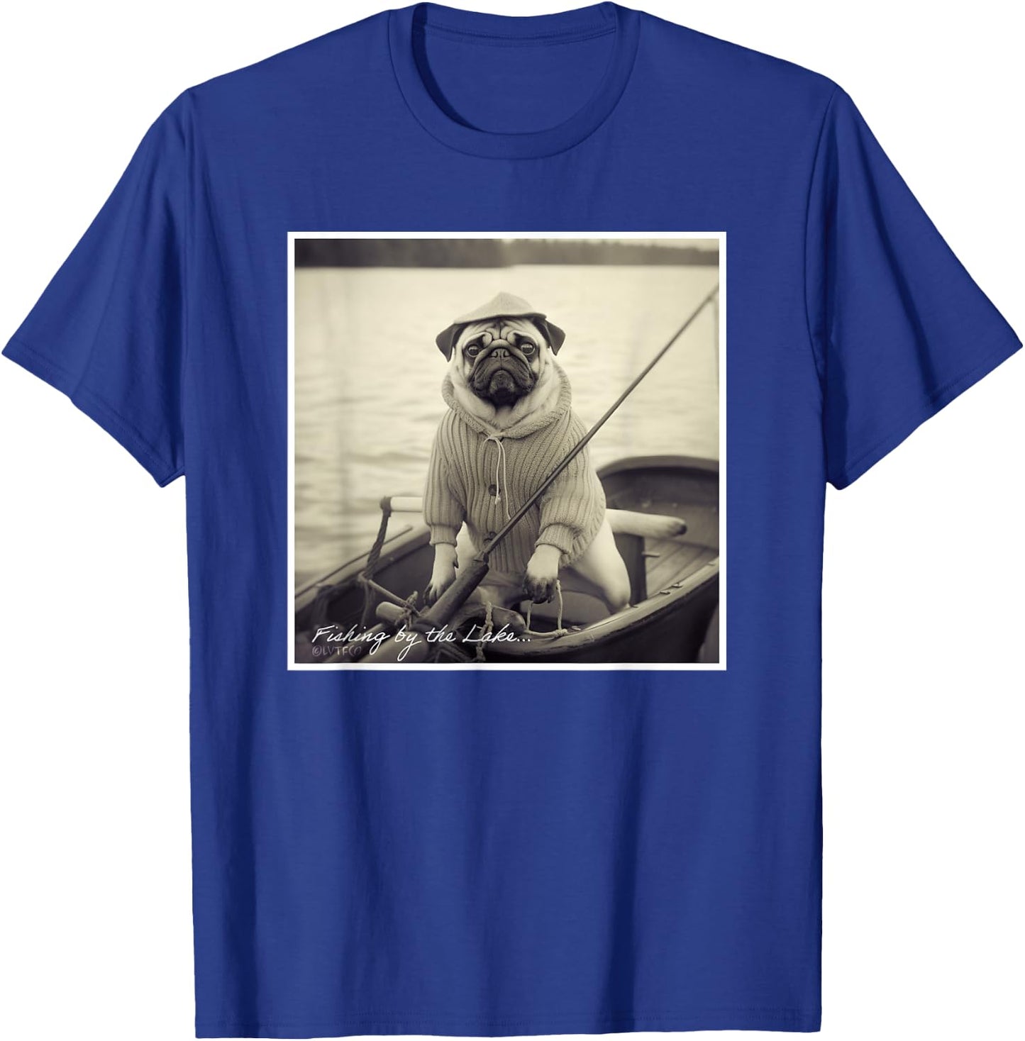 Funny Pug Fisherman on Boat Vintage Graphic T-Shirt - T-Shirt | Royal