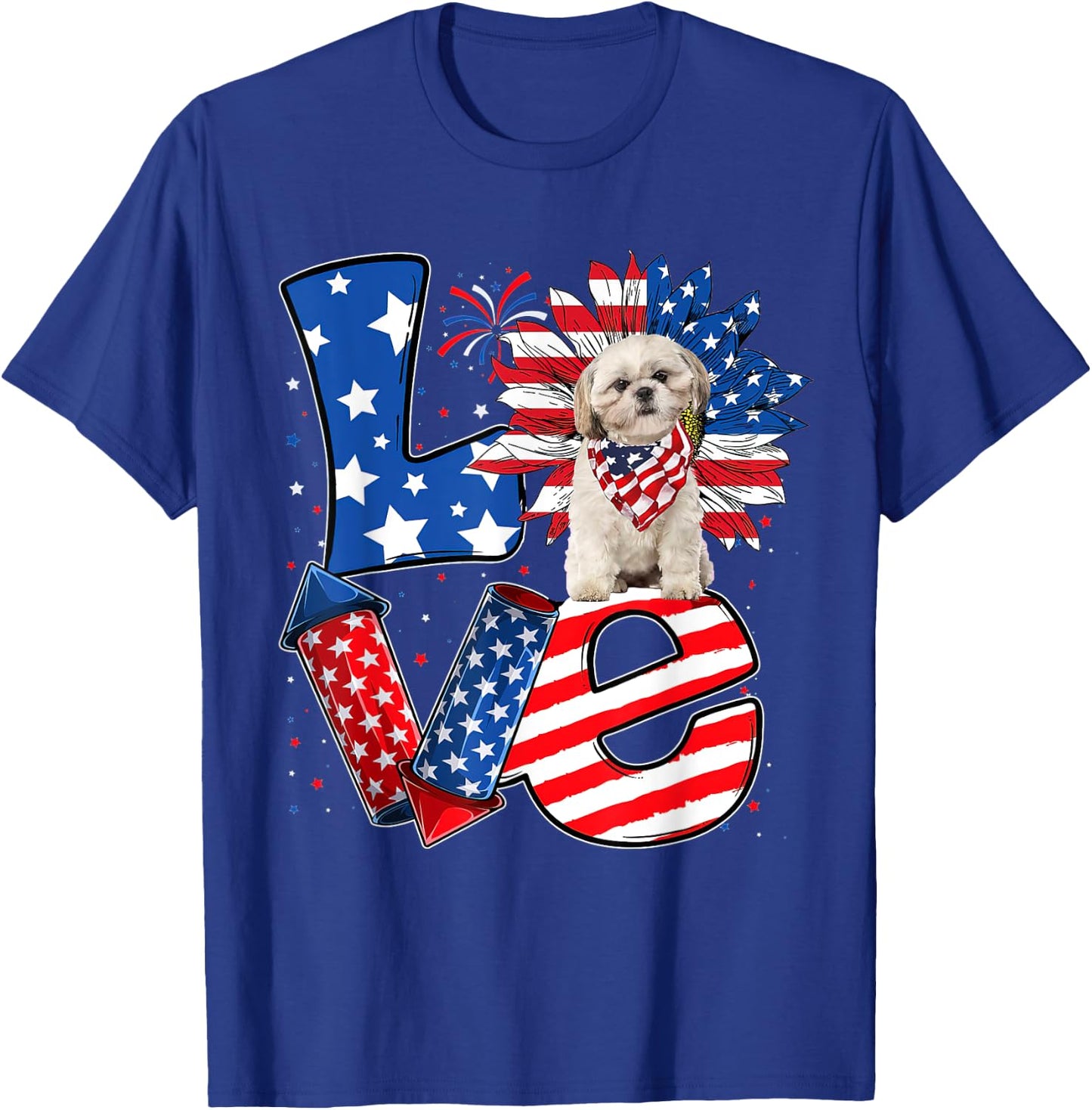4th of July Decor Patriotic LOVE Shih Tzu Dog USA Flag T-Shirt - T-Shirt | Royal
