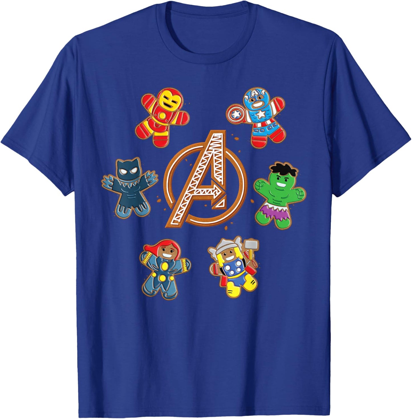 Marvel Avengers Holiday Christmas Gingerbread People & Logo T-Shirt - T-Shirt | Royal