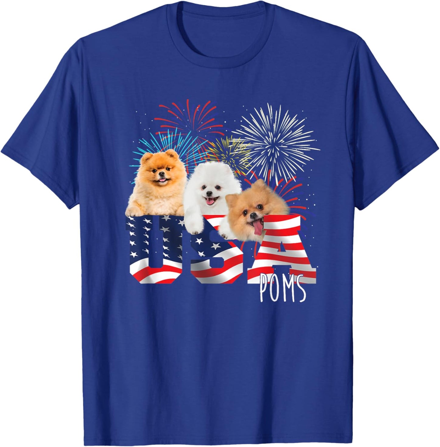 USA Poms - American Flag Patriotic Dog Lover Pet Owner Puppy T-Shirt - T-Shirt | Royal