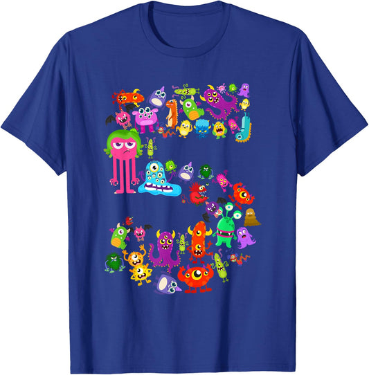 Little Monster 5 Five Year Old Kid 5th Birthday Party Aliens T-Shirt - T-Shirt | Royal