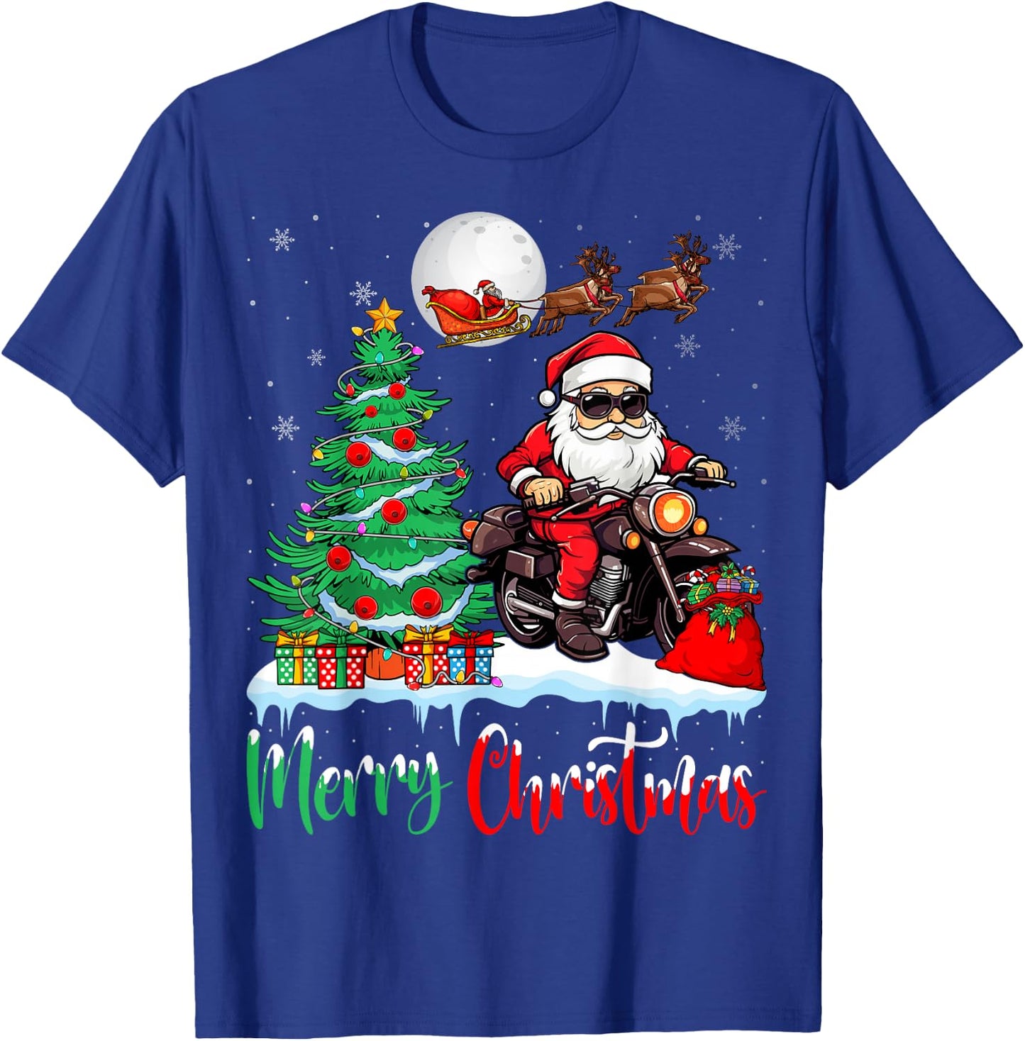 Motorcycle Santa Christmas Tree Xmas Merry Christmas Santa T-Shirt - T-Shirt | Royal
