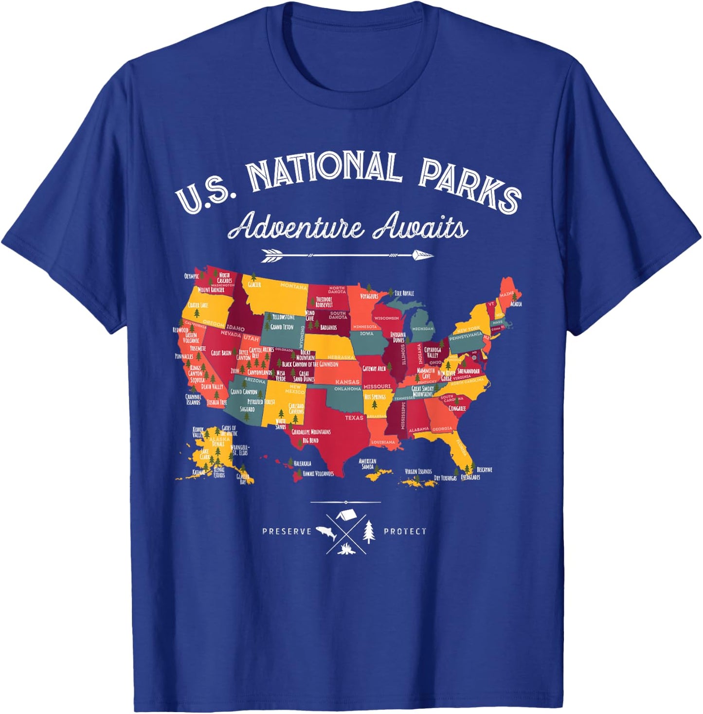 63 National Parks Map US Park Retro Vintage Camping Hiking T-Shirt - T-Shirt | Royal