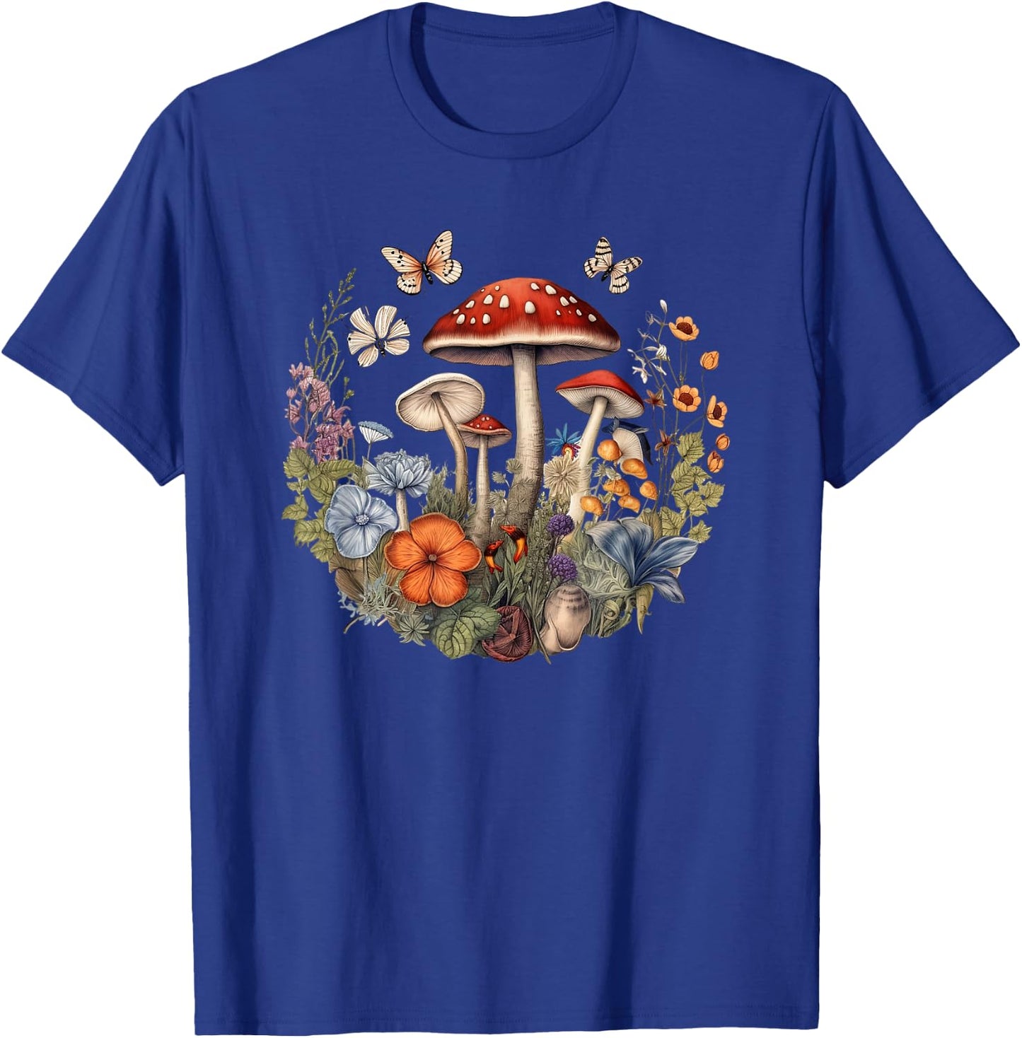Flower Botanical Butterflies Mushroom Vintage Design T-Shirt - T-Shirt | Royal