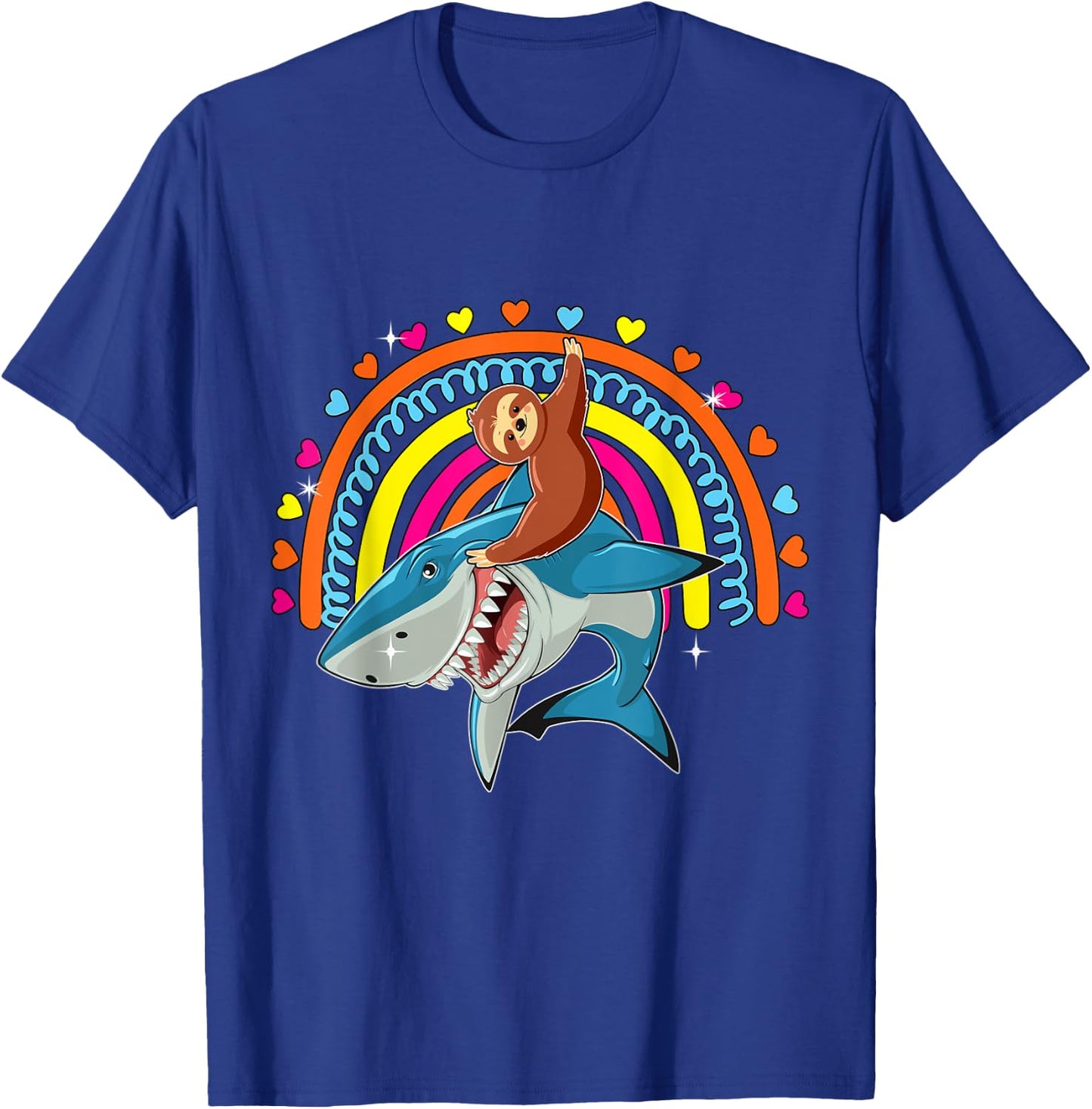 Sloth Riding Shark Funny Zoo Animal Rainbow Hearts Lover T-Shirt - T-Shirt | Royal