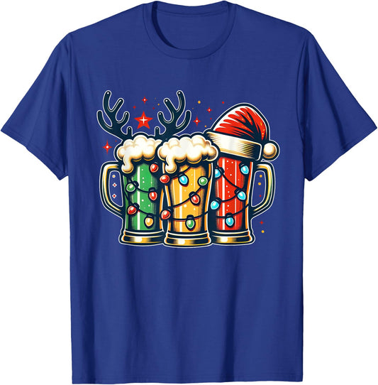 Funny Santa Reindeer Beer Christmas Lights Merry Xmas Beer T-Shirt - T-Shirt | Royal