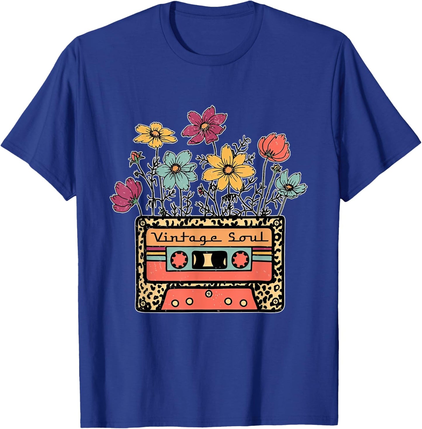 Funny Vintage Soul Leopard Cassette Tape Flowers Wildflower T-Shirt - T-Shirt | Royal