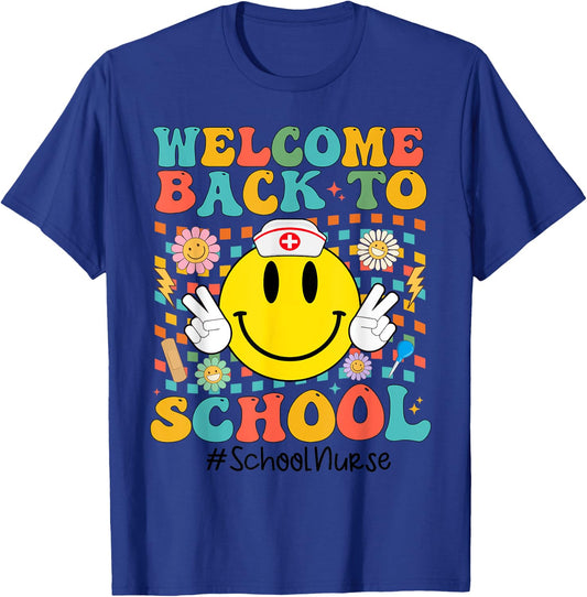 Retro Groovy Welcome Back To School Shool Nurse Smile Face T-Shirt - T-Shirt | Royal