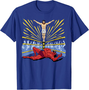 Jesus Wrestling Satan Religious Christian Funny T-Shirt - T-Shirt | Royal