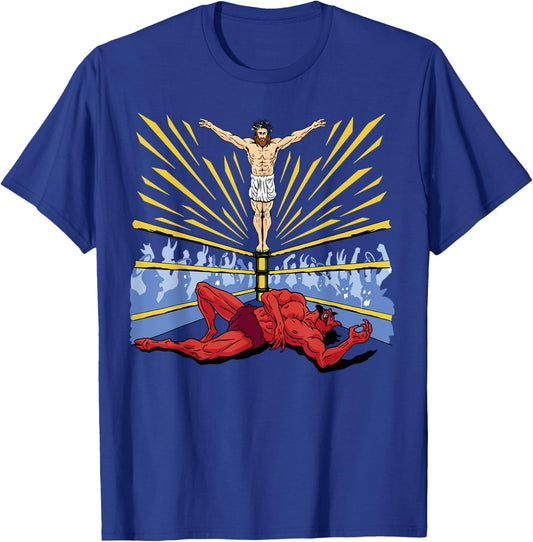 Jesus Wrestling Satan Religious Christian Funny T-Shirt - T-Shirt | Royal
