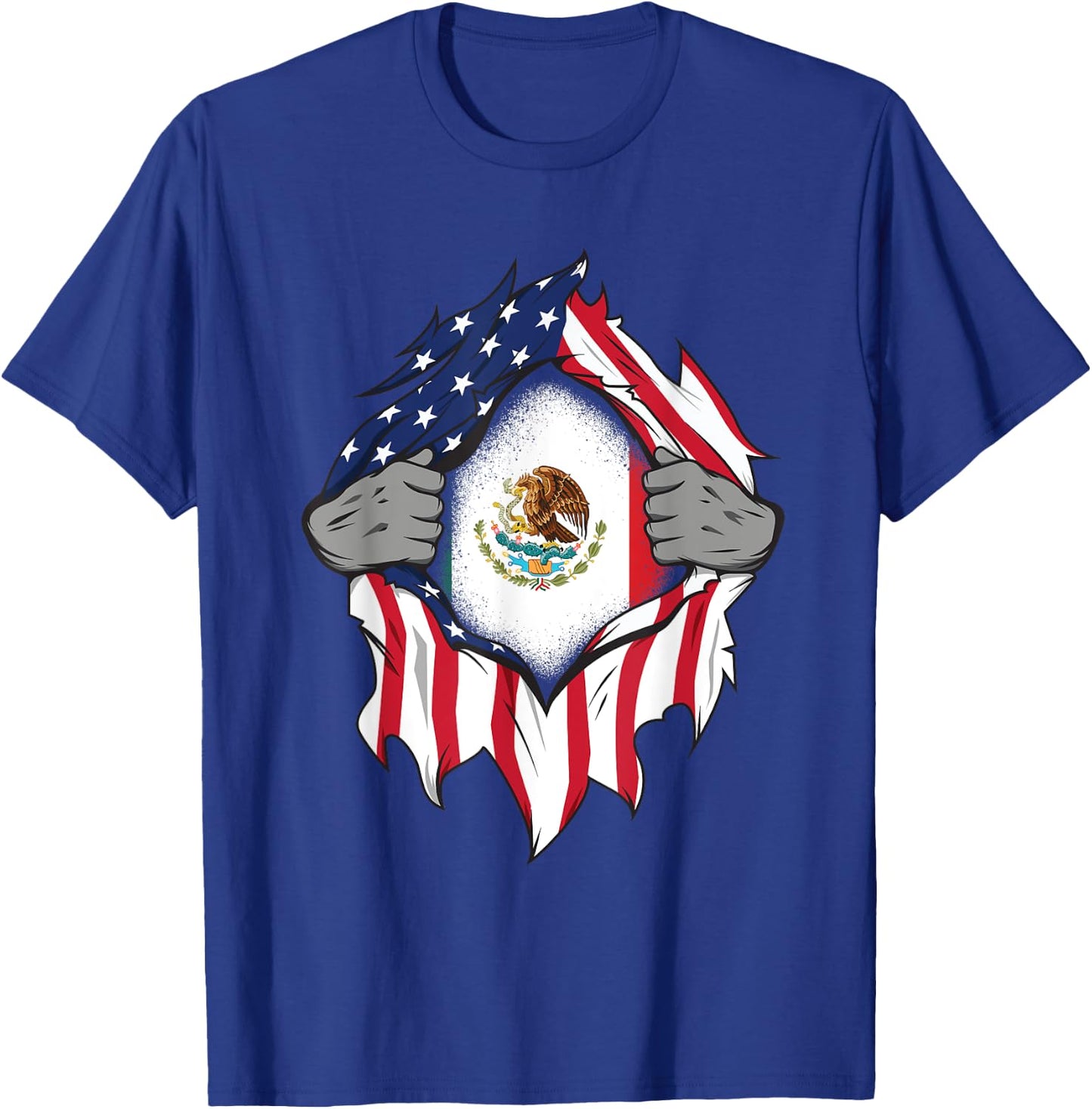 Mexican American Flags Hands Ripping Flag on Chest T-Shirt - T-Shirt | Royal