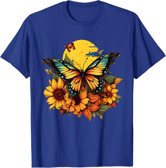 Butterflies Sunflower Design T-Shirt - T-Shirt | Royal