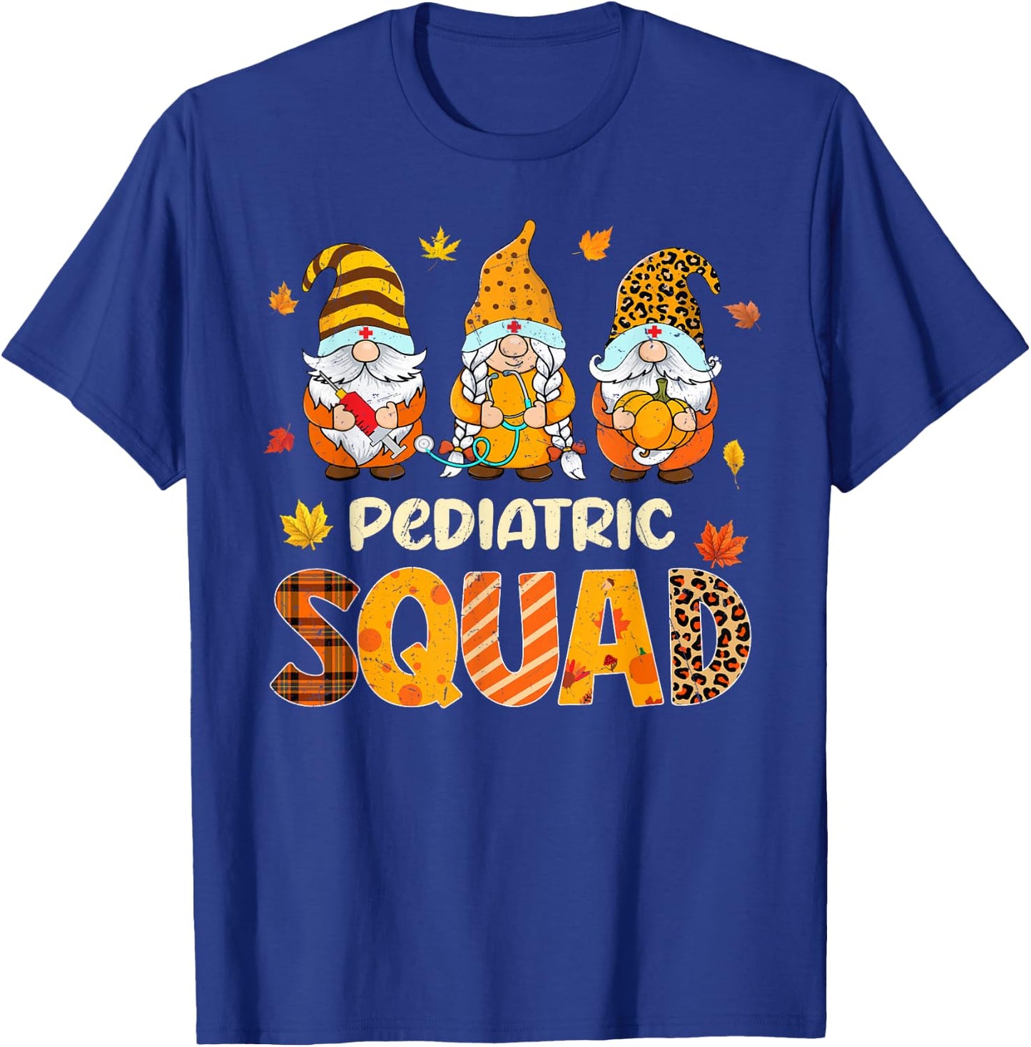 Pediatric Squad Cute Gnome Nurse Leopard Thanksgiving Fall T-Shirt - T-Shirt | Royal