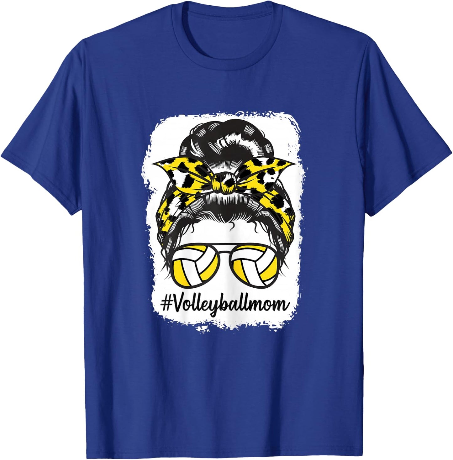 Bleached Volleyball Mom Messy Bun Yellow Leopard Print T-Shirt - T-Shirt | Royal