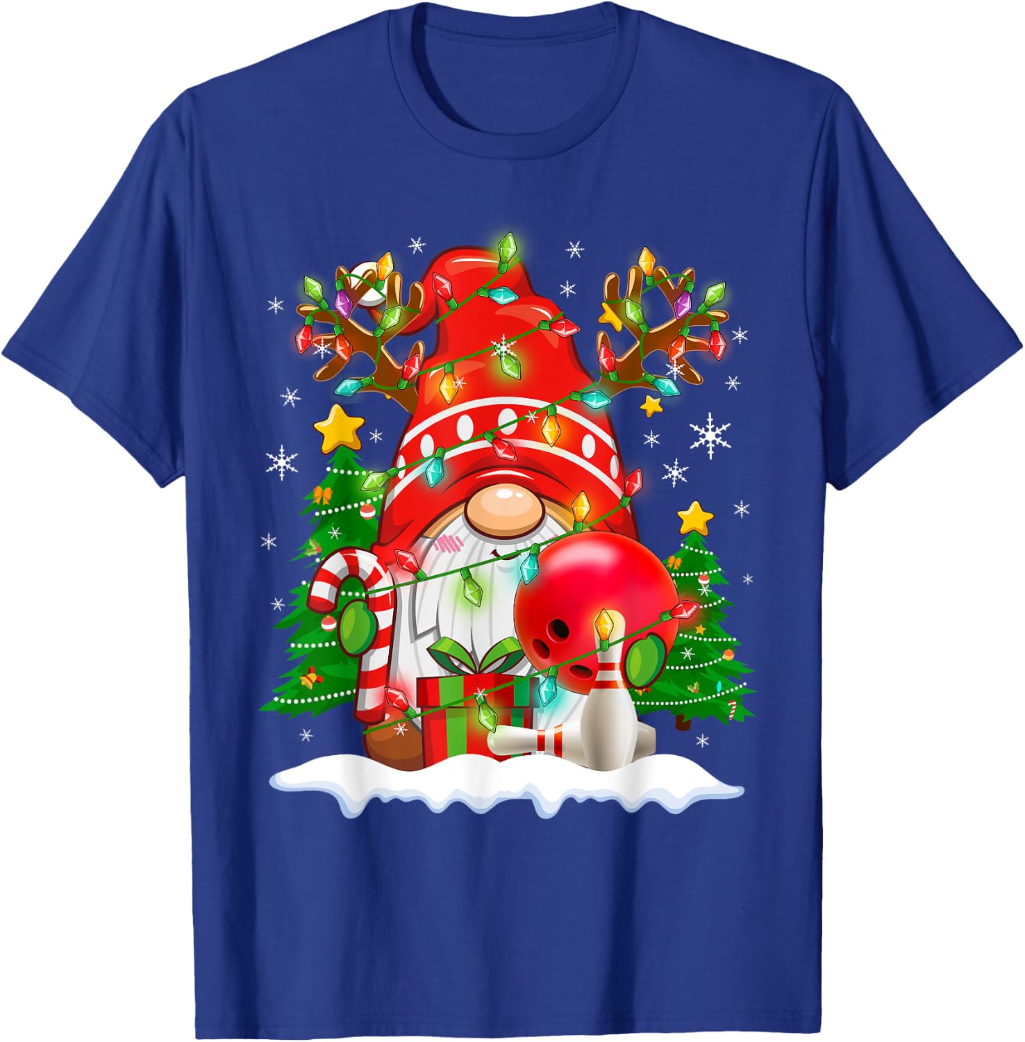 Funny Reindeer Gnome & Bowling Ball Christmas Lights Xmas T-Shirt - T-Shirt | Royal